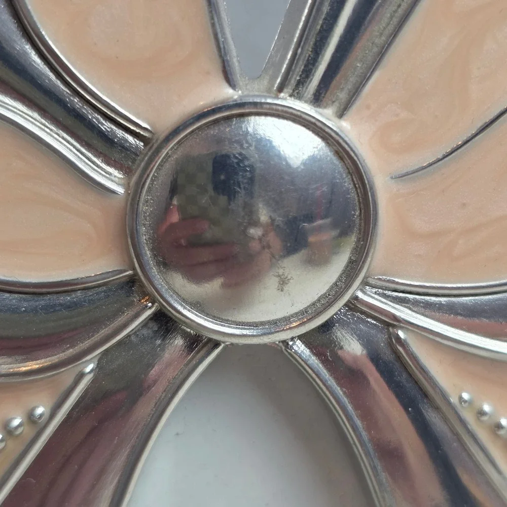 Silver Tone Peachy Pink Enamel Bow Oval Picture Frame Beaded Edge Tabletop